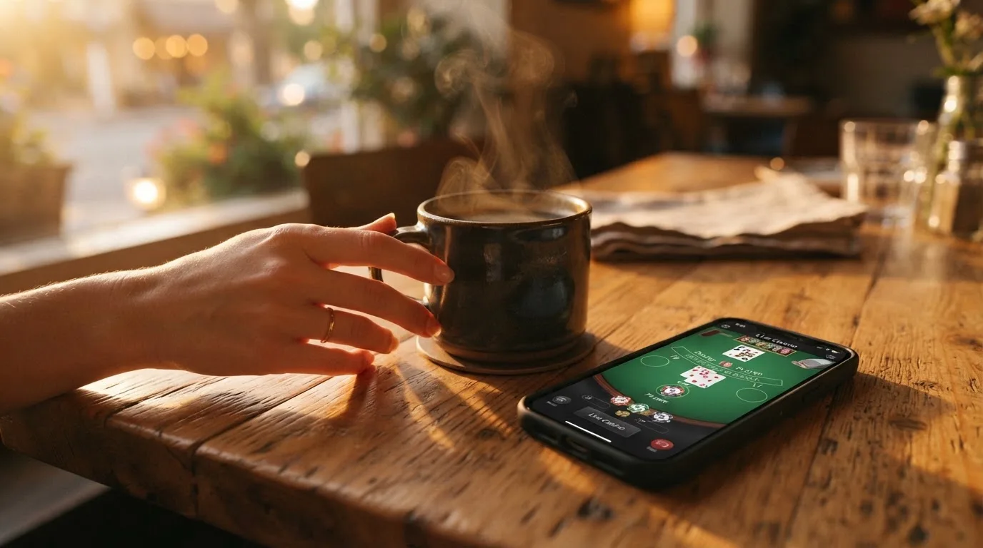 Hände greifen entspannt nach einer Tasse Kaffee neben einem Smartphone auf einem Holztisch am frühen Abend.
